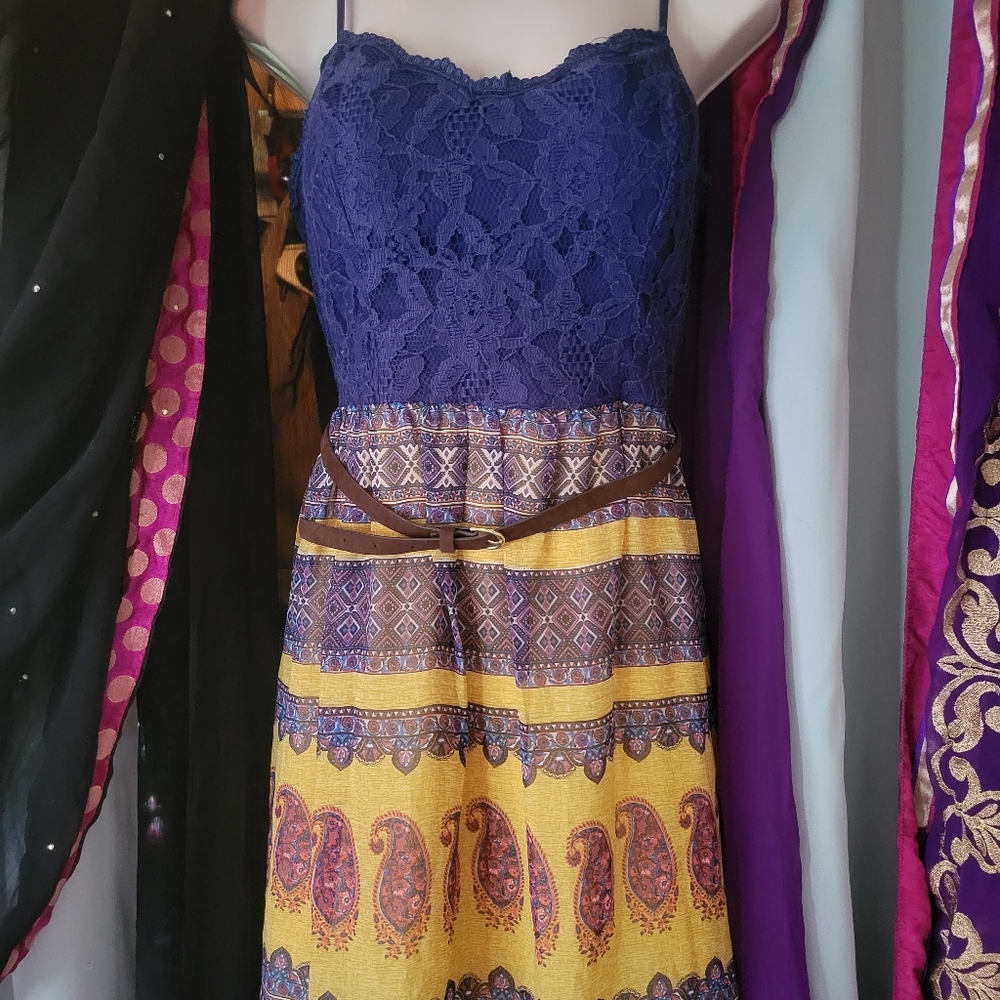 Blue and Yellow Lace Dress with Paisley Pattern